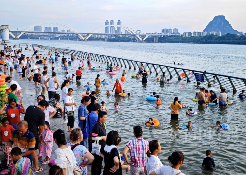 明日大暑柳江河游泳的人更多了他们也更多了
