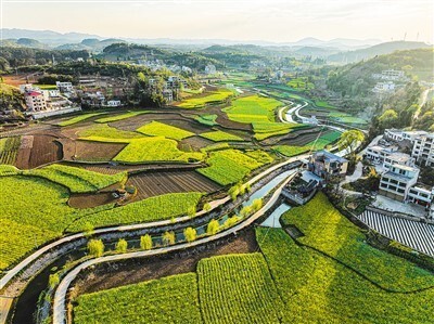在贵州省黔西市莲城街道老鸹河社区,灌溉水渠犹如玉带,在田间蜿蜒.