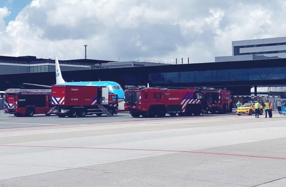 现场图片显示,多辆消防和救护车将事发飞机包围.