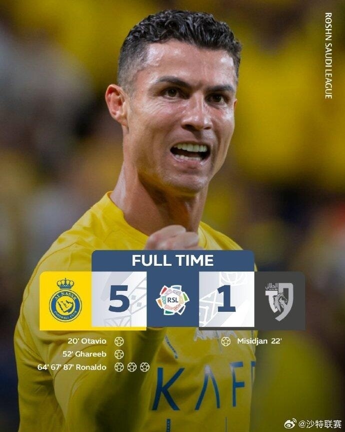 沙特联c罗戴帽联赛23场26球马内两助攻利雅得胜利51十人塔伊