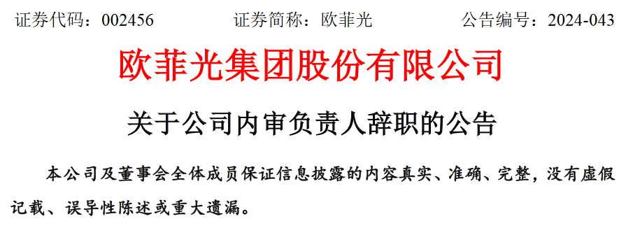 欧菲光集团股份有限公司内审负责人候国文辞职