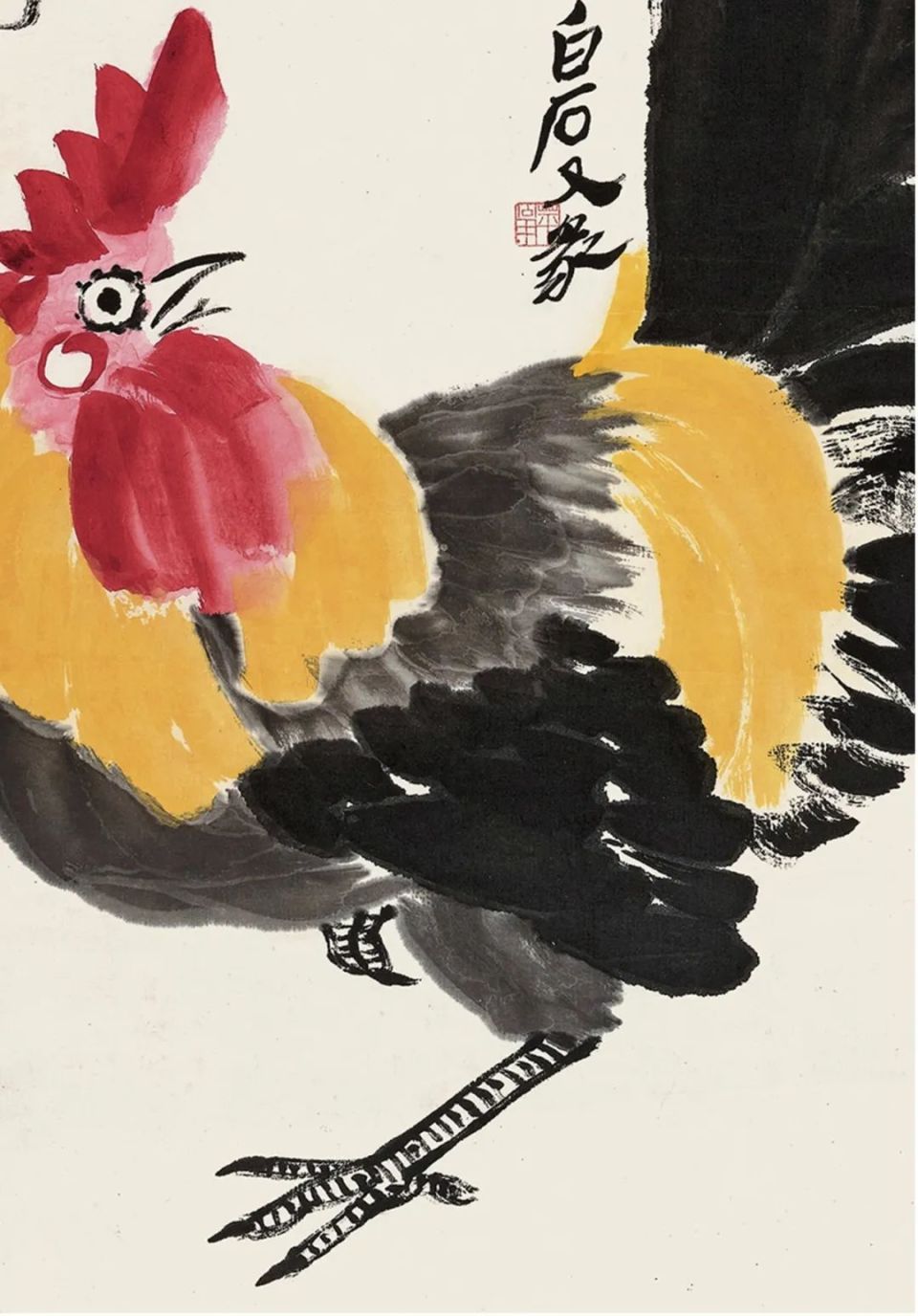 书与画浑然一体,画面呈 「c」字形构图,篆书「加官」两字正好位于雄