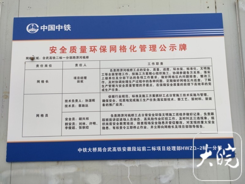 大皖新闻记者随后看到了工程概况牌,安全质量环保网格化管理公示牌