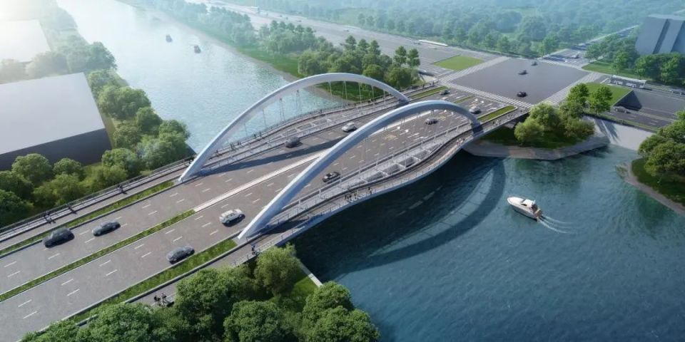 跨娄江河新建一座外倾式钢结构系杆拱桥,主跨90米,桥拱造型犹如一轮