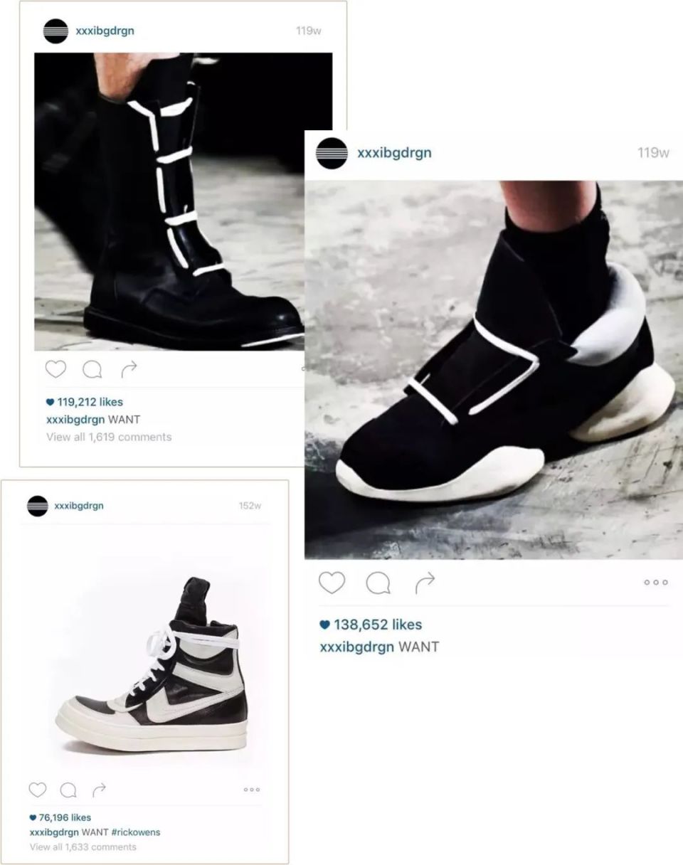 被权志龙连发三条的正是rick owens曾经火到没边儿的绑带高帮球鞋,感