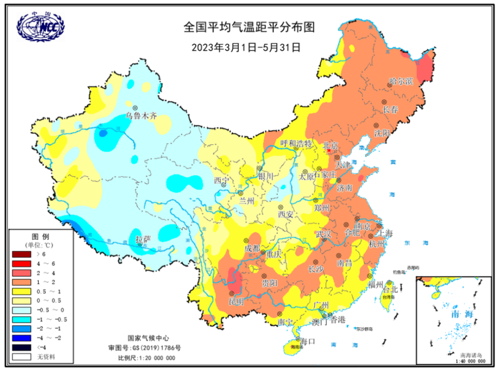 2023年春季全國平均氣溫距平分佈圖(單位:℃)2023年春季全國極端高溫