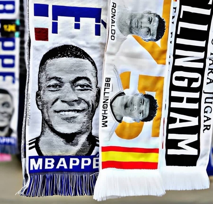 迫不及待伯纳乌周边出现印有姆巴佩头像的横幅与围巾