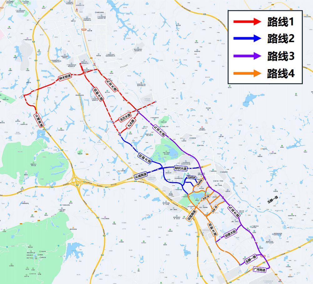 大道(原九龙大道)往北行驶,经钟太快速路从从埔高速钟落潭收费站离开