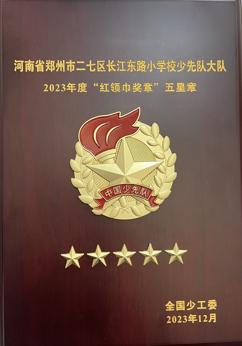二七区长江东路小学教育集团少先队大队荣获全国"红领巾奖章"集体五星
