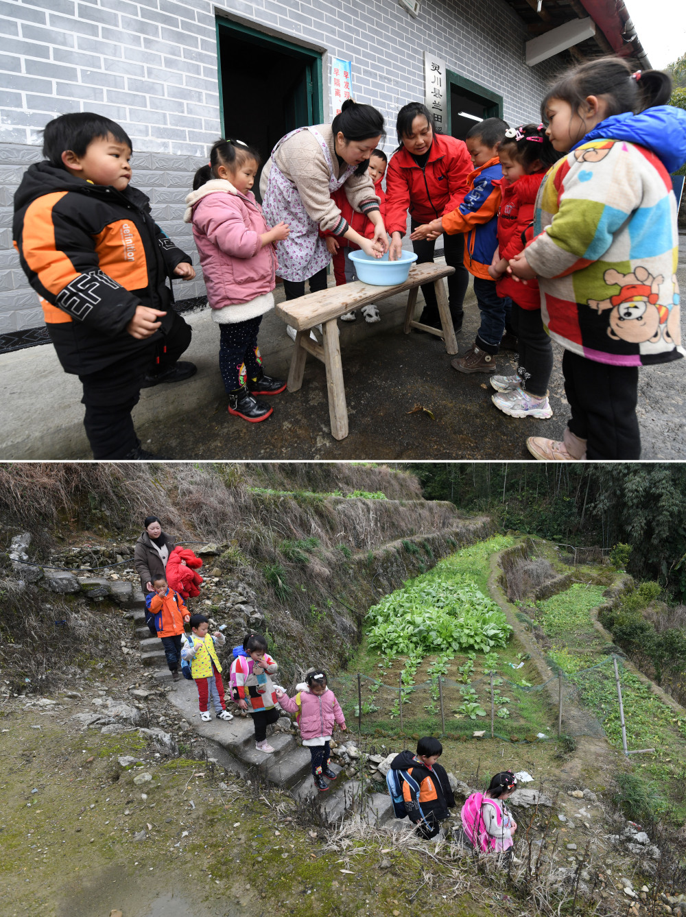 廣西都安瑤族自治縣龍灣鄉琴棋小學的藍巧春老師幫一名學生脫鞋準備睡