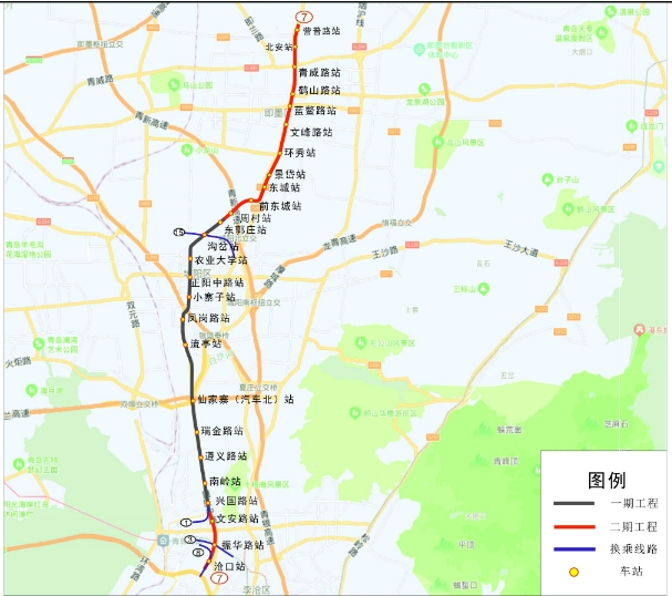 图中黑色线段为地铁7号线一期线路目前已并入青岛地铁1号线通车运营图