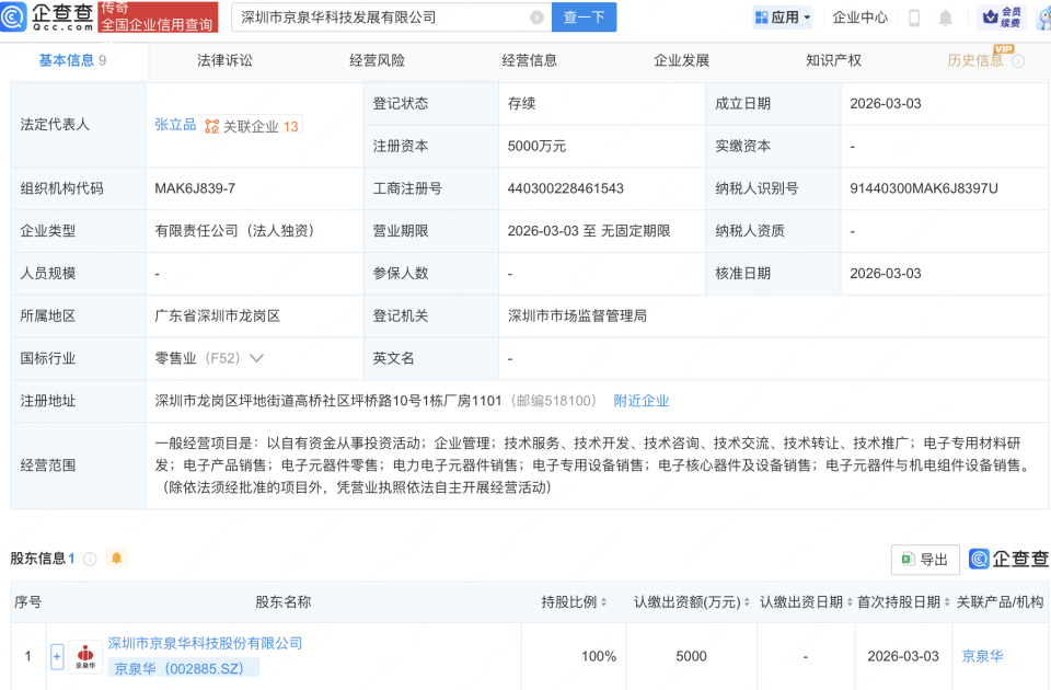 京泉华新设子公司,含电子专用材料研发业务_