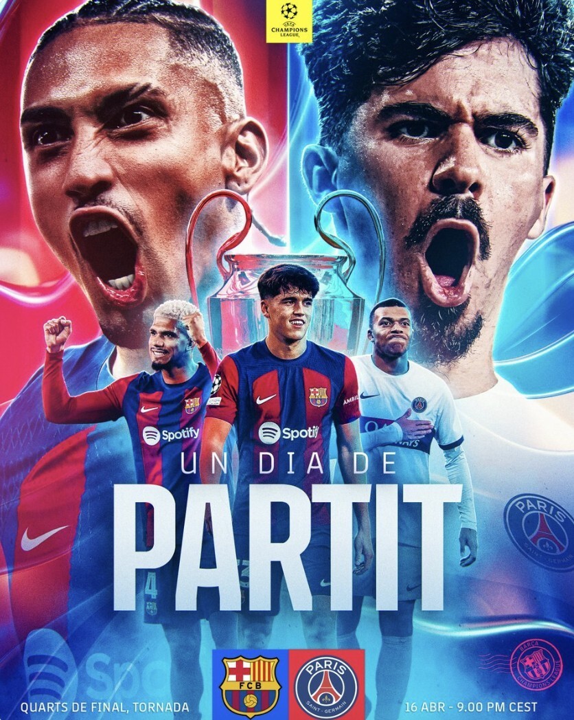 巴萨战巴黎海报拉菲尼亚维蒂尼亚c位阿劳霍等人出镜