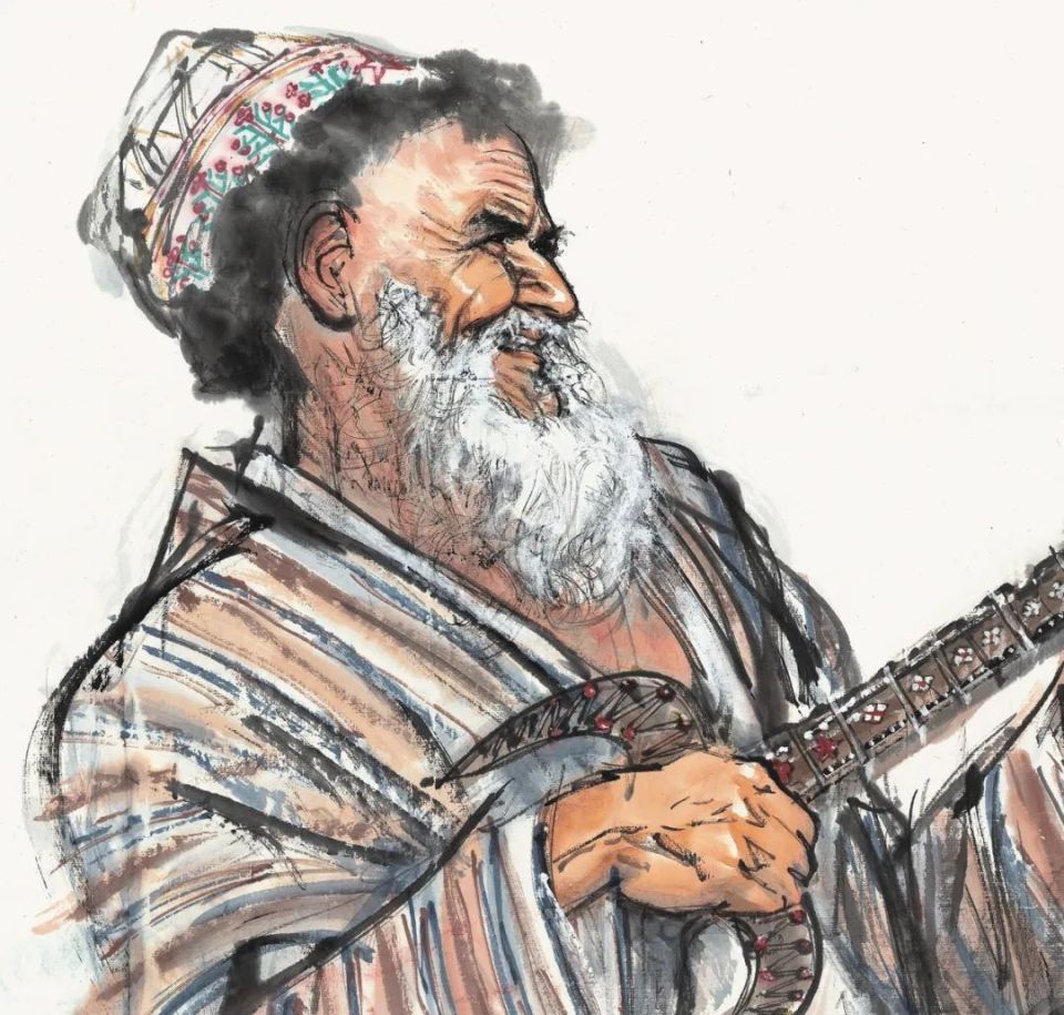 黄胄随中央慰问团赴新疆时听闻维族老人库尔班·吐鲁木大叔的故事,不