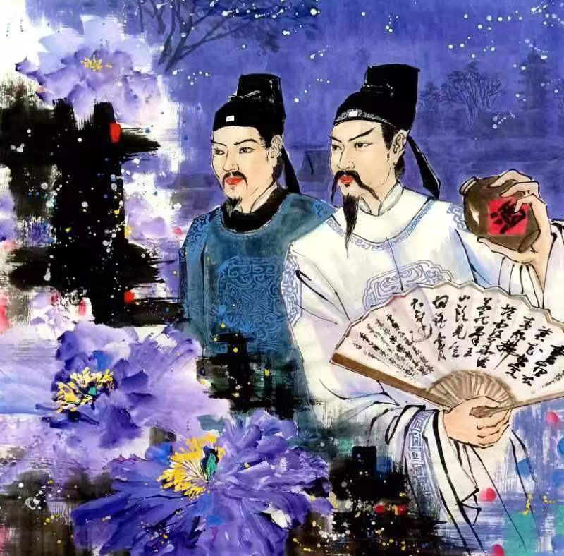 李杜赏花图(聂剑帆 绘)李白与杜甫,一个"诗仙",一个"诗圣",两人年纪虽