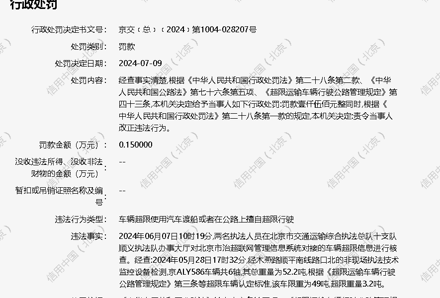北京宜顺通供应链管理有限公司被罚款 1500 元