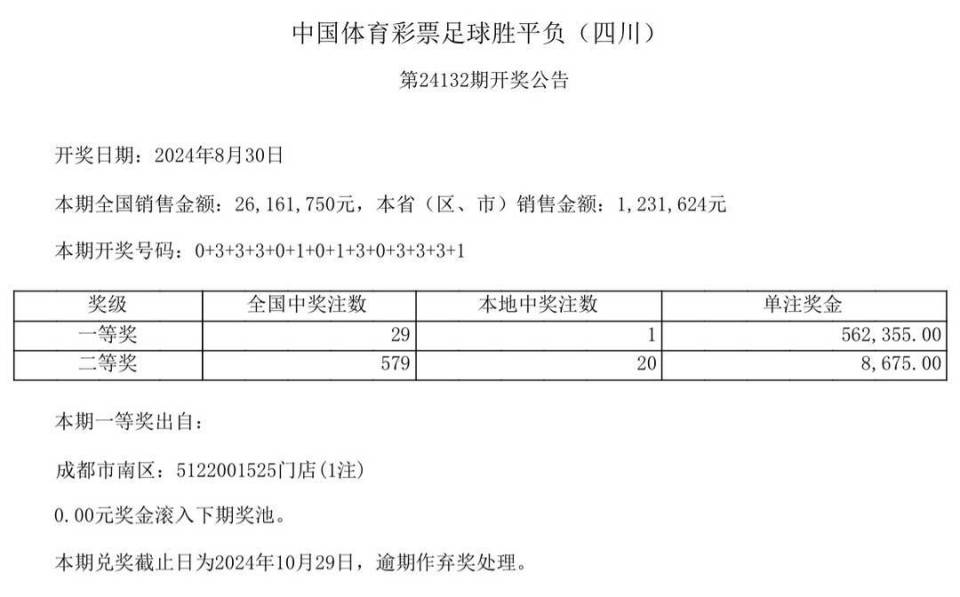 中国体育彩票8月30日开奖结果