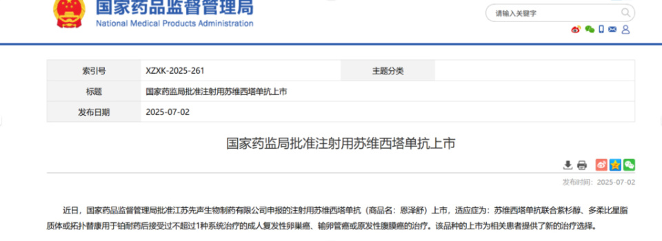 7月3日先声药业创新药获批！国内首个覆盖铂耐药卵巢癌全人群疗