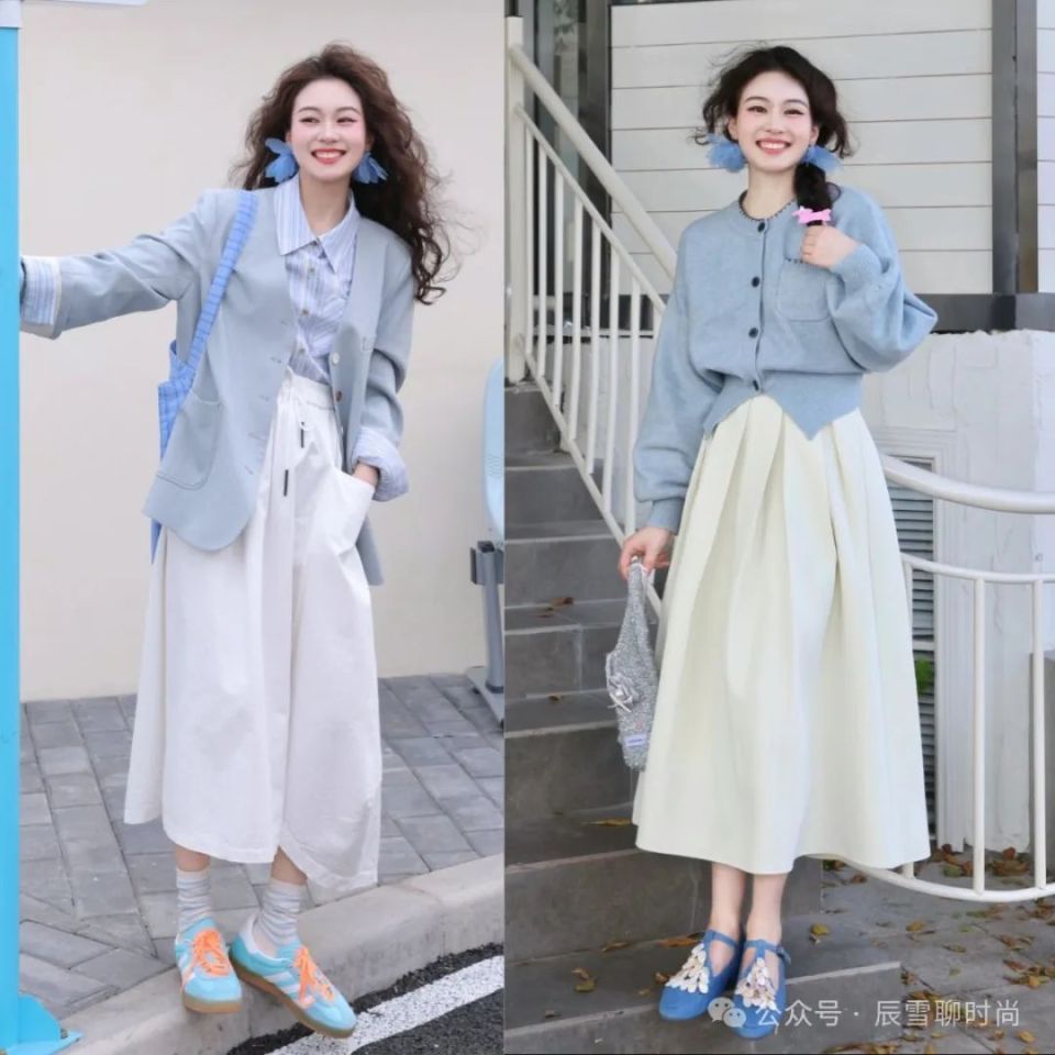 海天蓝的外套与白色伞裙的搭配,宛如一幅清新淡雅的画卷.