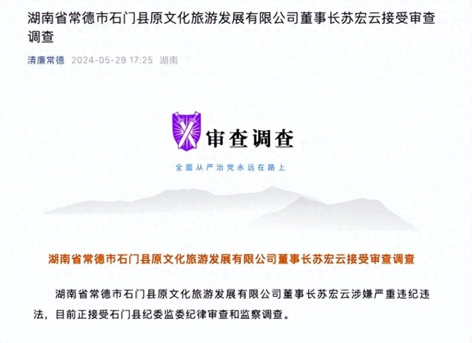 湖南省常德市石门县原文化旅游发展有限公司董事长苏宏云接受审查调查