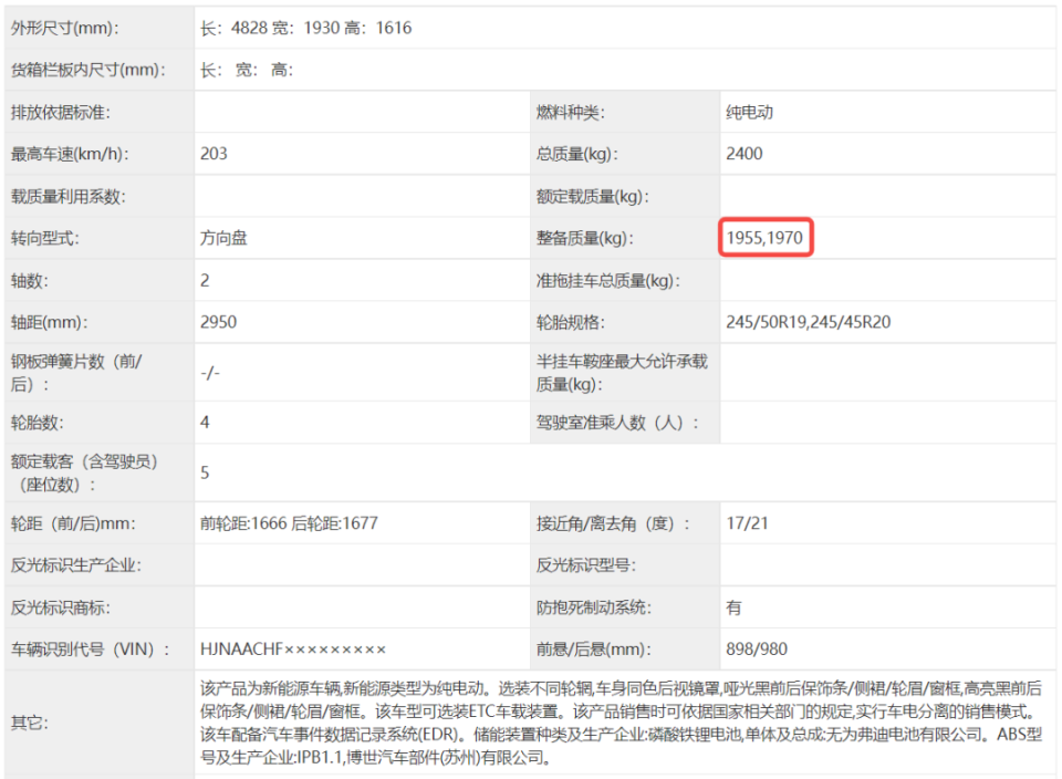 单电机和双电机的整备质量都给了两个数值,我猜可能是配置上有差异