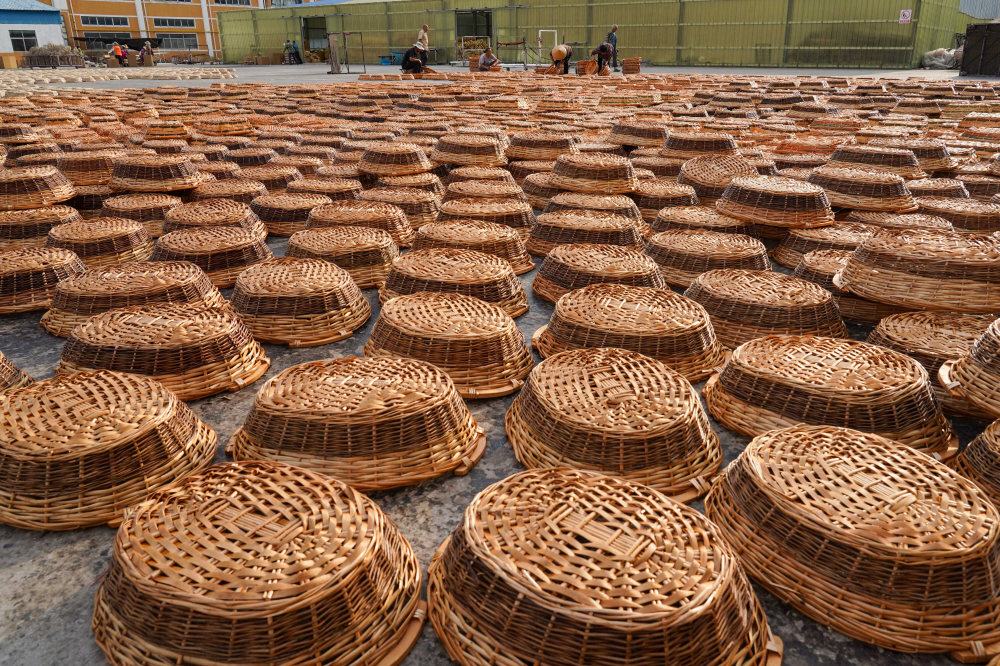 6月6日,临沂金柳工艺品有限公司员工在晾晒柳编产品.
