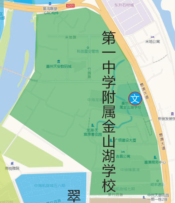 根据2024年惠城中心区小学学区划分,惠州一中附属金山湖学校学区范围
