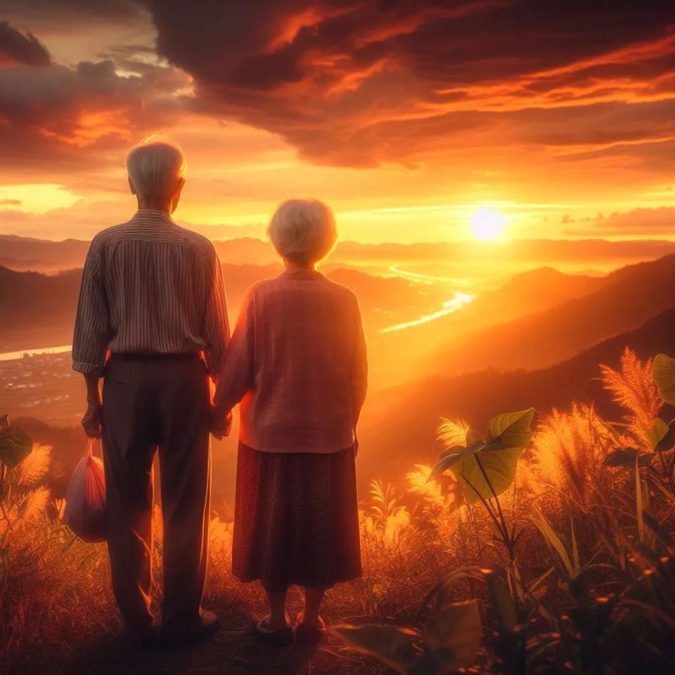 望着他们相互搀扶,转身离开的背影,此时,夕阳的荧红光芒笼罩着天地,也