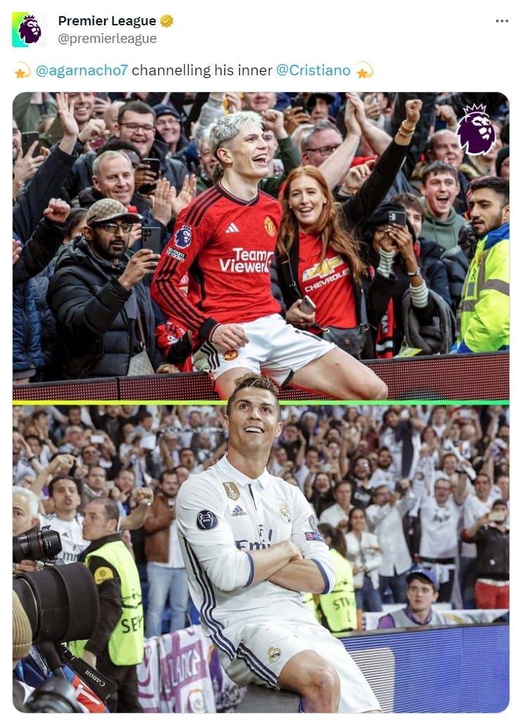 官方认证英超官推对比加纳乔与c罗坐广告牌庆祝