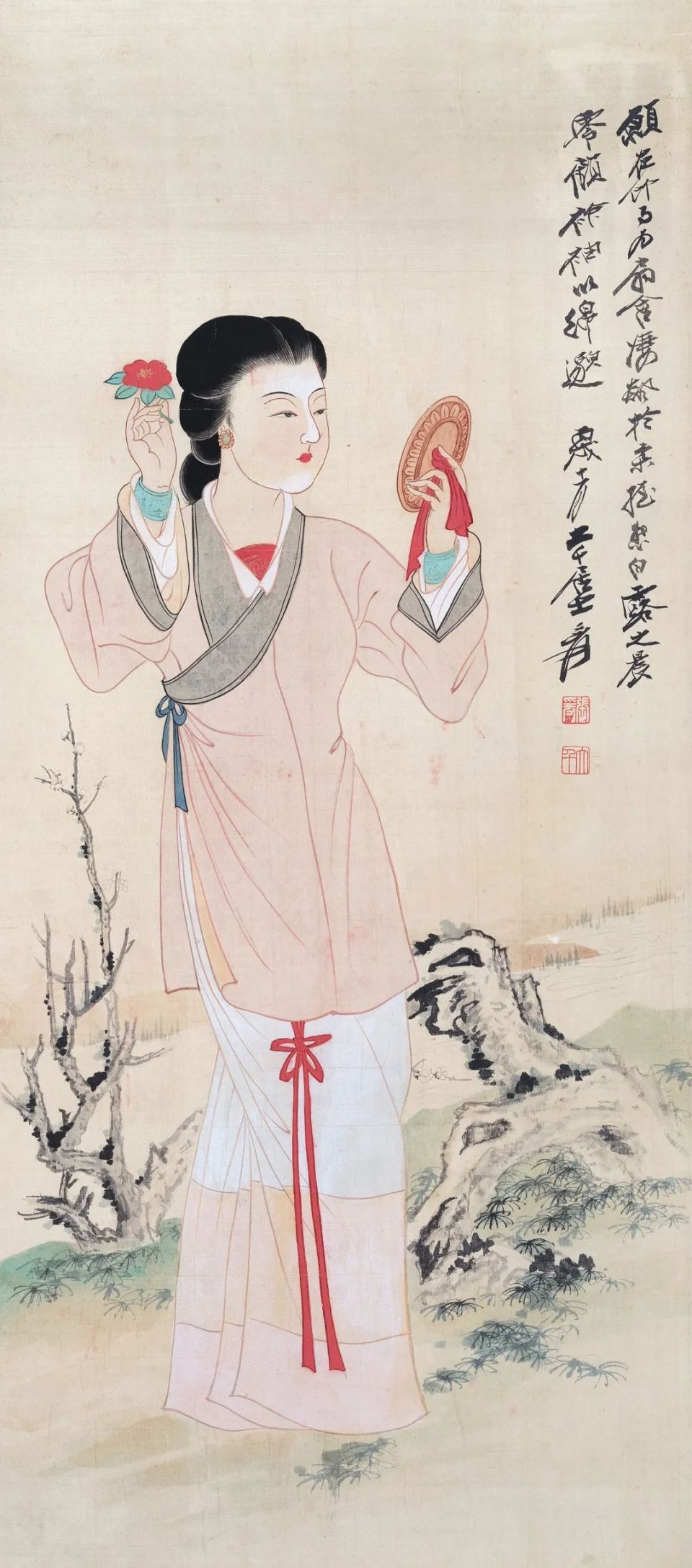 9410张大千 (1899-1983) 拈花仕女图立轴 设色绢本 1946年作80×35cm.