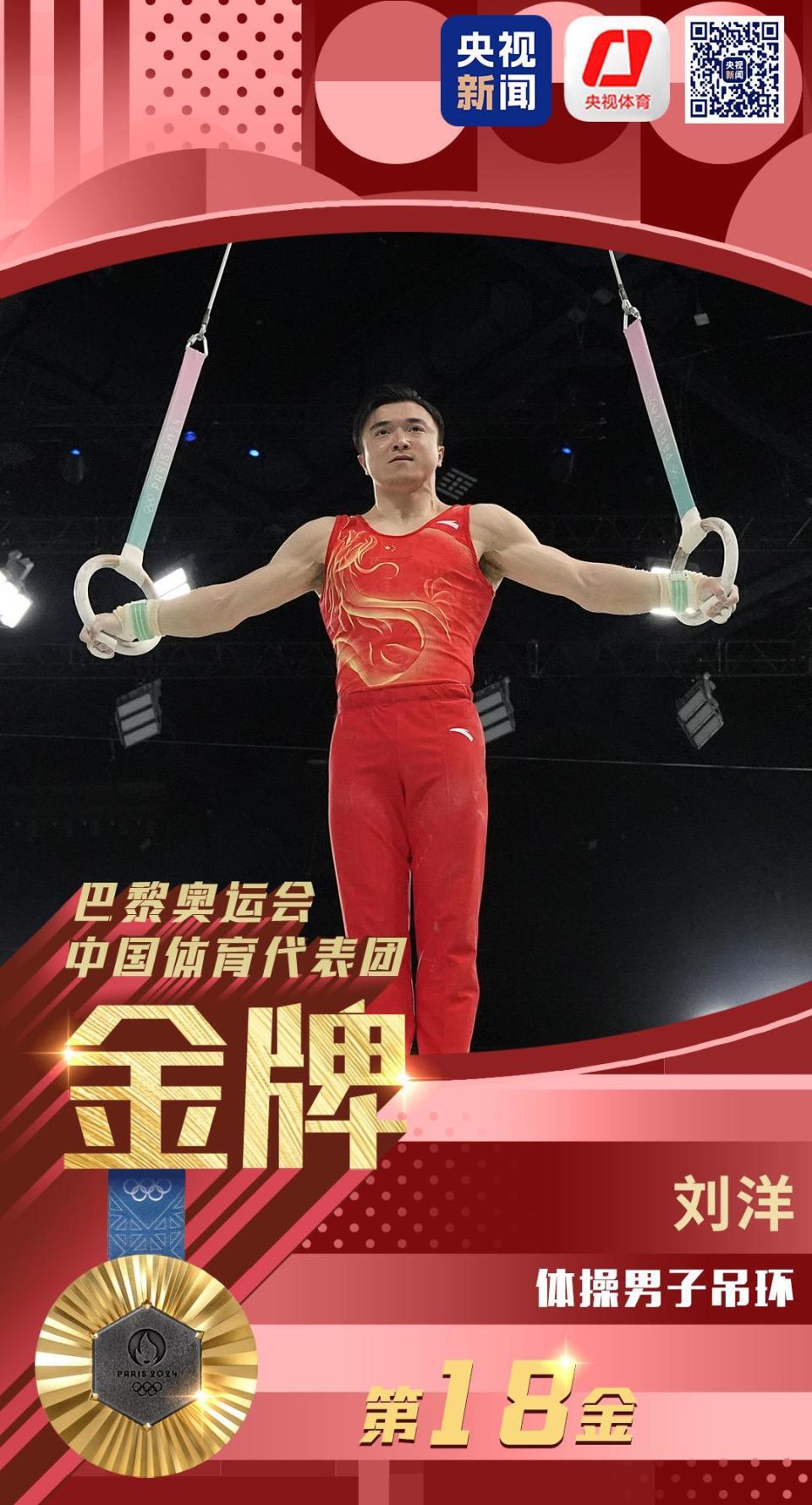 体操男子吊环金牌夺得巴黎奥运会体操运动员刘洋中国奥运体育代表团