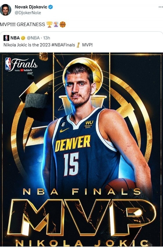 约基奇喜获2023年总决赛mvp德约转推mvp伟大