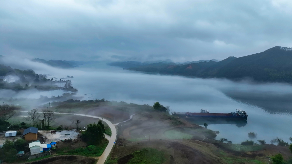 这是广西来宾市武宣县春意融融的黔江河(3月20日摄,无人机照片).