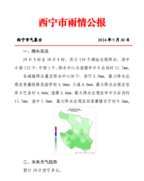 西宁最新雨情公报