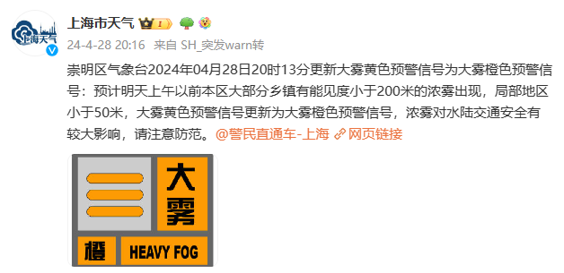 大雾来袭,上海两区发布橙色预警,明早有影响!节前降雨