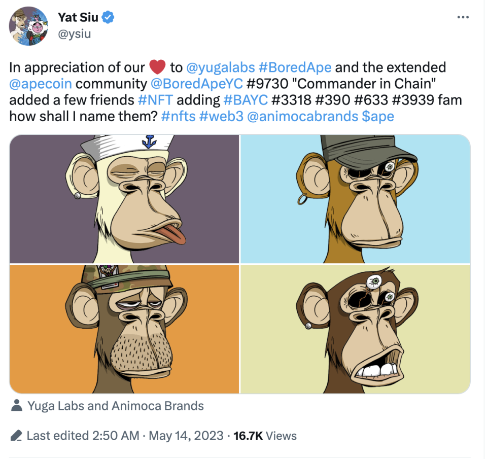 Animoca Brands 联创Yat Siu 购入四枚BAYC，总价约33.5 万美元-腾讯新闻