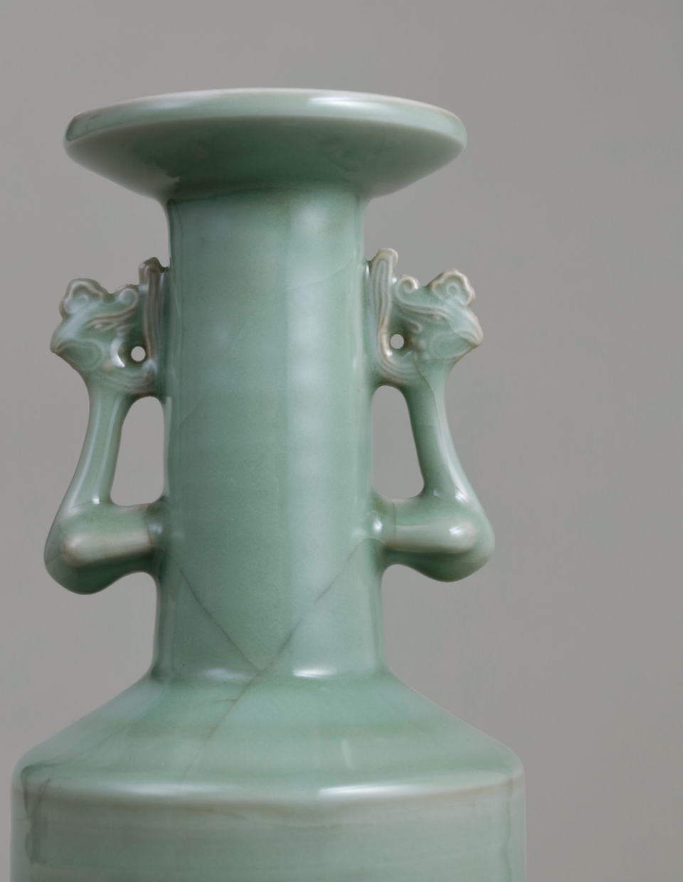 宋 龍泉窯 七官 青磁 粉青 鳳耳盤口瓶 龍泉窯 青磁