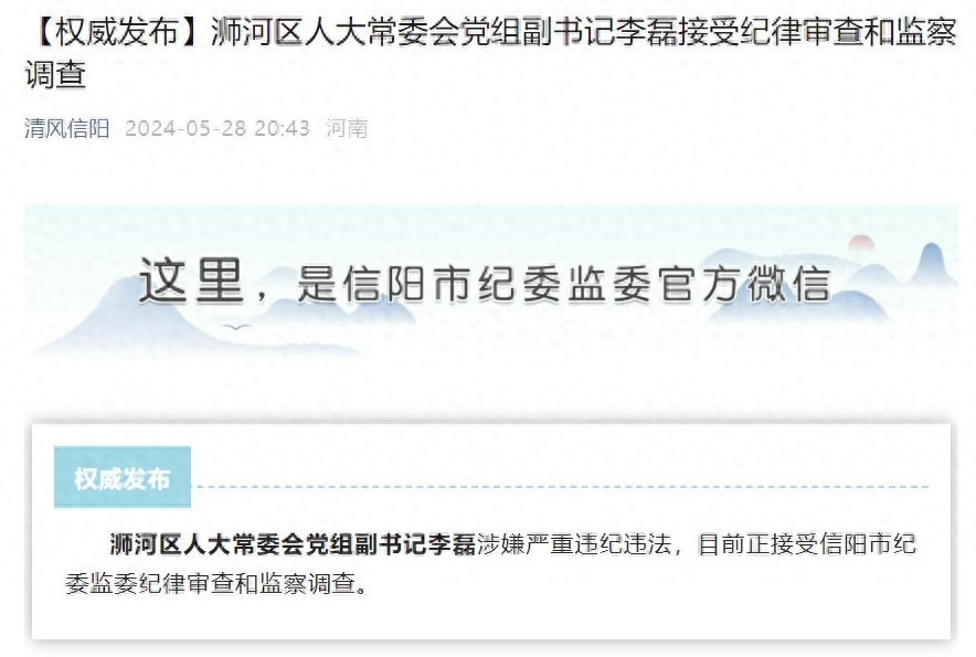 信阳市浉河区人大常委会党组副书记李磊接受审查调查