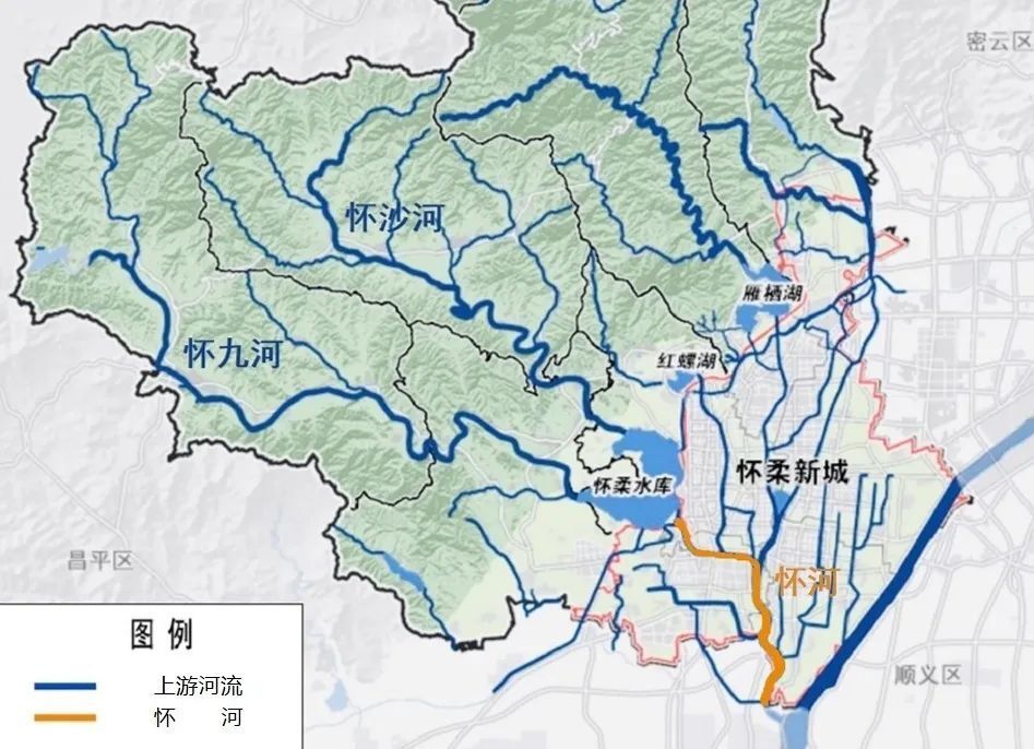 怀河是潮白河的一条主要支流,自怀柔水库坝下至潮白河牛栏山桥止,全长