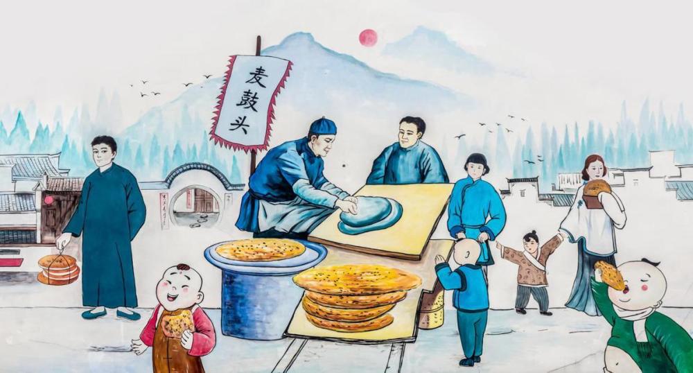 在平底锅里烙制时,内部空气受热后整个麦饼膨胀如鼓,故得此名