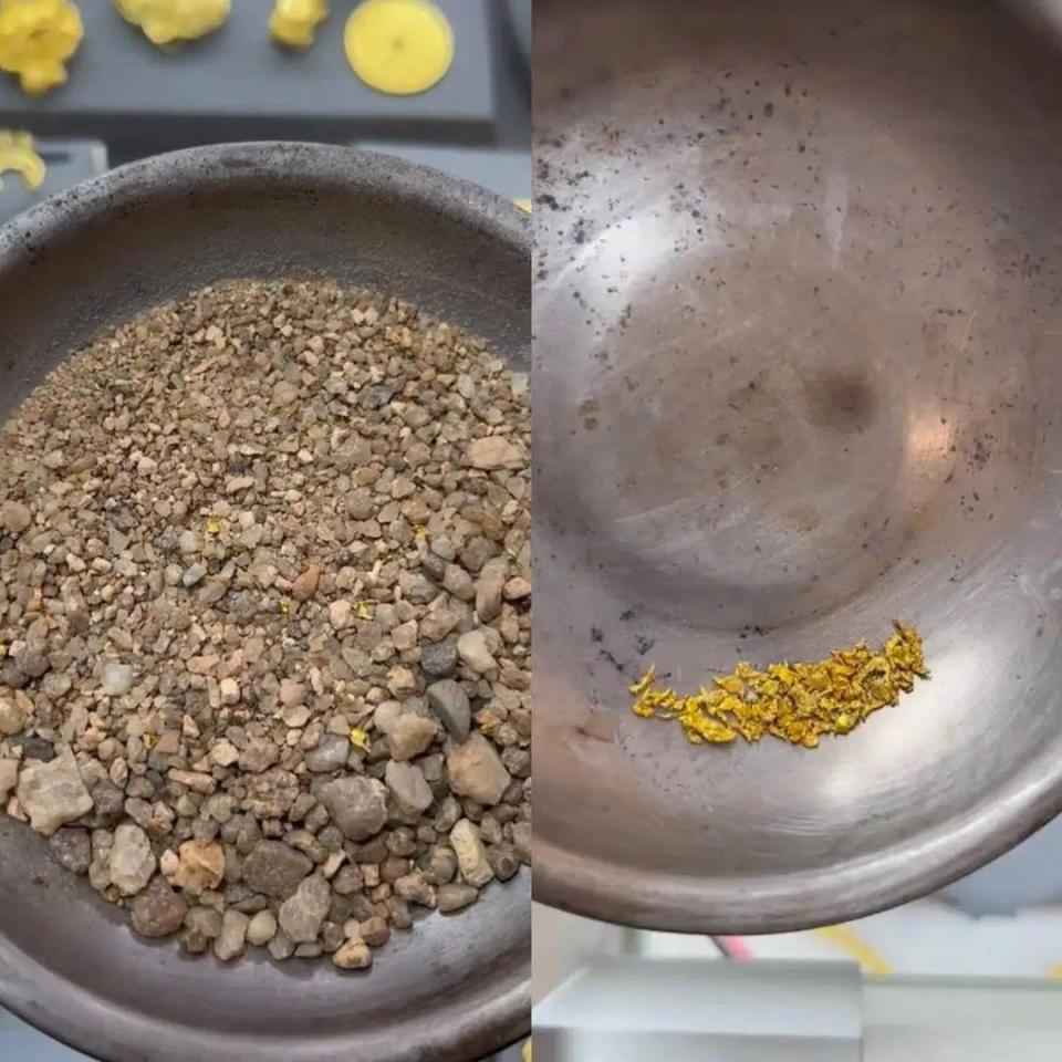 唐先生购买的"淘金沙"和挑出来的金色颗粒唐先生表示:"真金不怕火炼