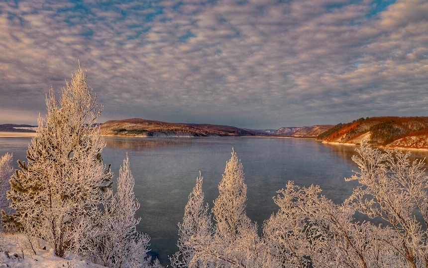 (尚城)近日,黑龙江省黑河市爱辉区卧牛湖风景区出现雾凇美景,湖面雾气
