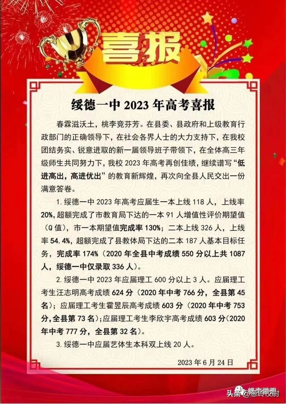 榆林各市县区高中学校2023年高考喜报汇总