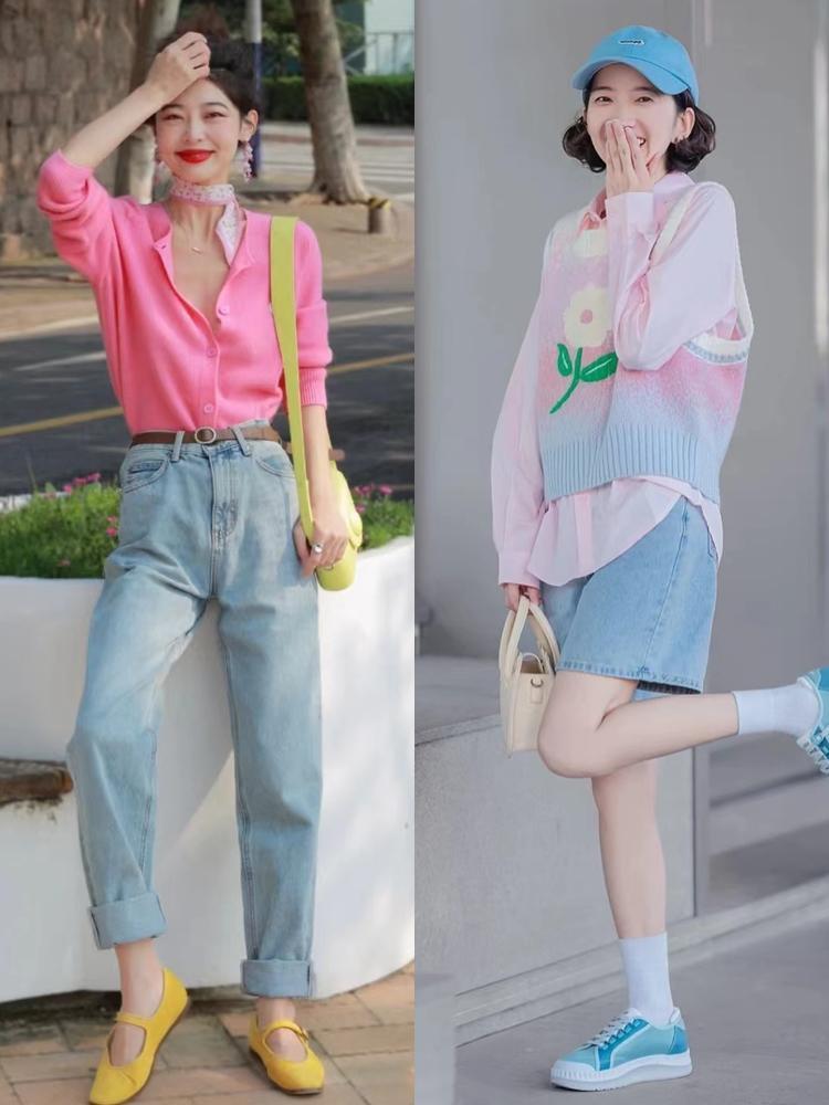 初夏穿衣的话,这里建议大家用淡粉色搭配"蓝色系"的衣服,给暖色调穿搭