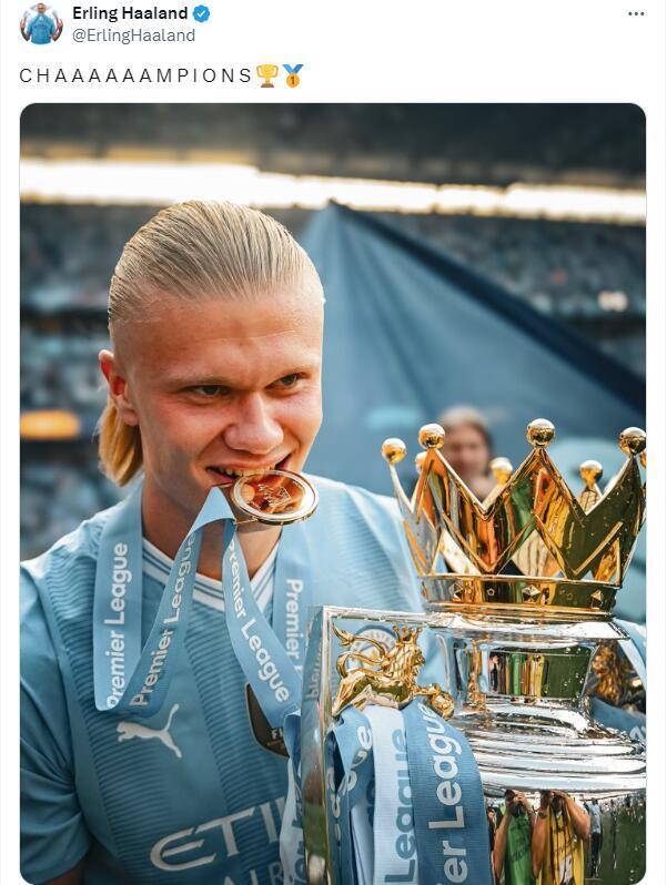 🥇手捧奖杯,嘴咬奖牌,哈兰德晒照庆祝夺冠_腾讯新闻