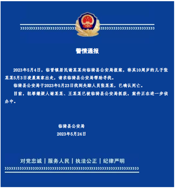 山西10岁男童失踪20天后被确认死亡 警方：2名嫌犯被抓获到底是什么意思-313啦实用网