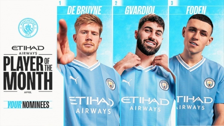 曼城4月最佳球员候选:德布劳内,格瓦迪奥尔,福登