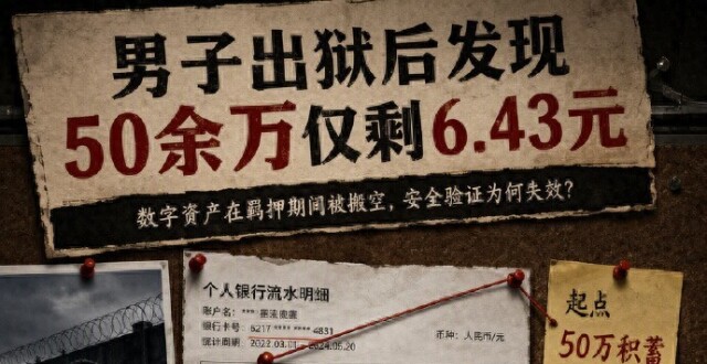 男子出狱50余万账户仅剩6.43元
