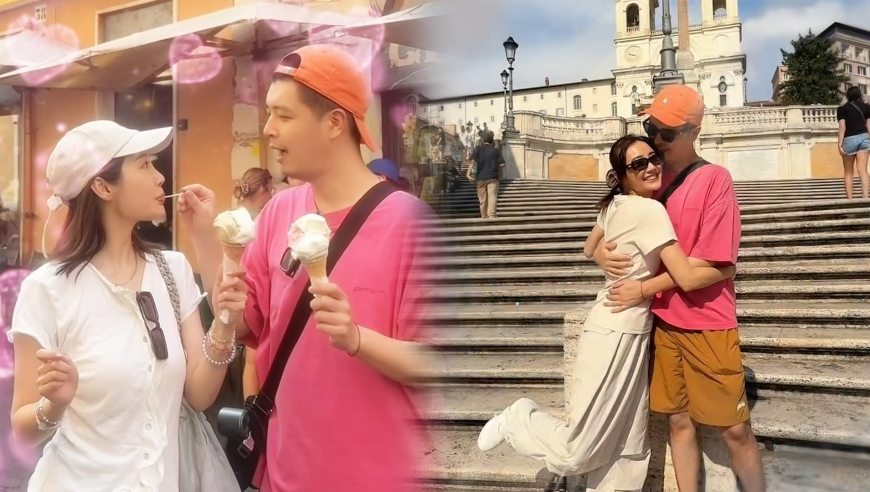 李纯夫妻晒罗马度假vlog，马頔街头喂老婆吃冰淇淋，两人拥抱大秀恩爱