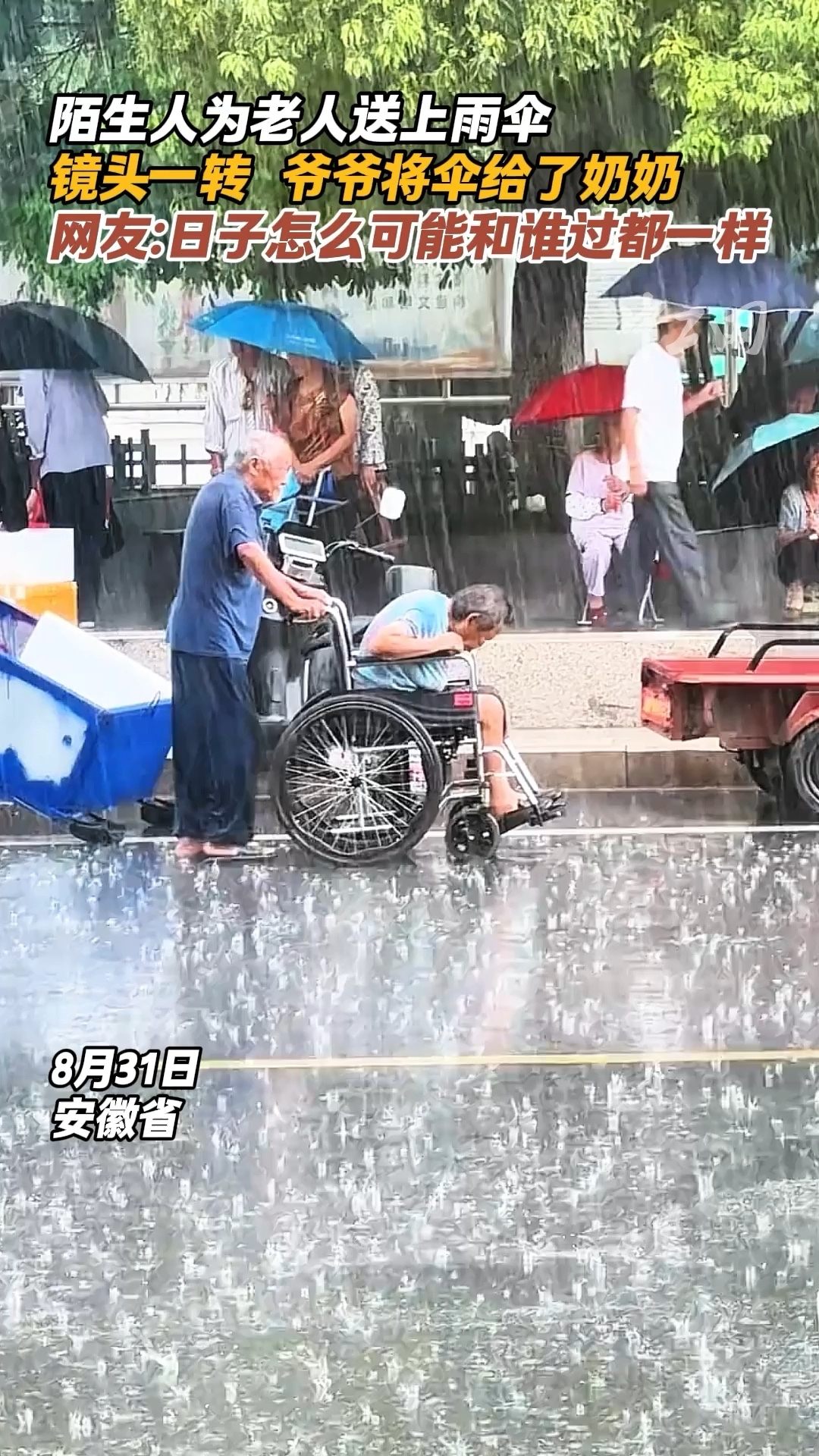 陌生人为老人送上雨伞，镜头一转，爷爷将伞给了奶奶，网友：日子怎么可能和谁过都一样_腾讯新闻